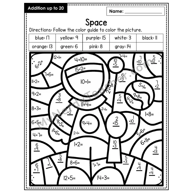 Addition to 20 Color by Number — Space (Page 5)