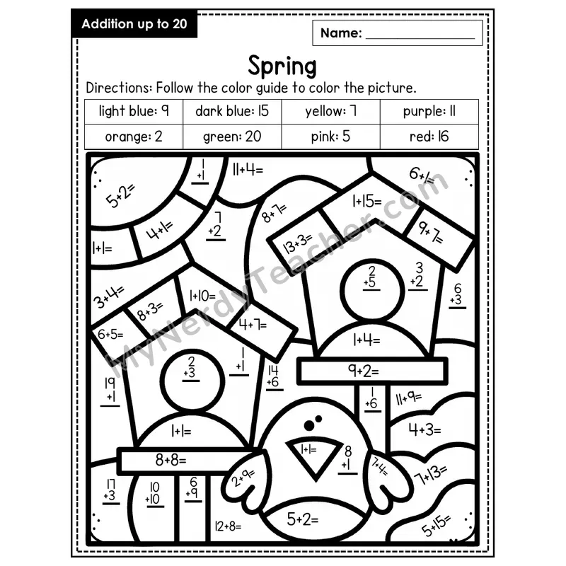 Addition to 20 Color by Number — Spring (Page 1)