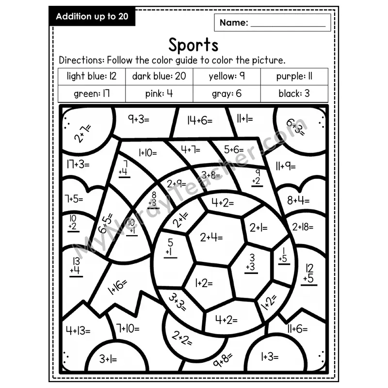 Addition to 20 Color by Number — Sports (Page 7)