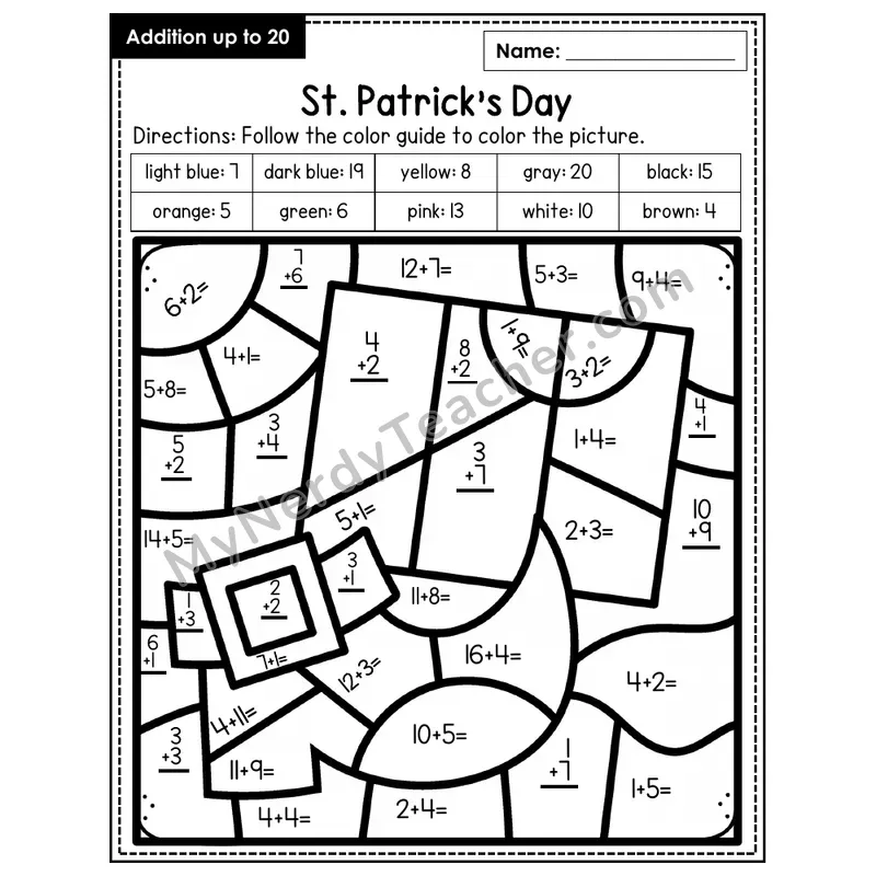 Addition to 20 Color by Number — St. Patrick's Day (Page 1)