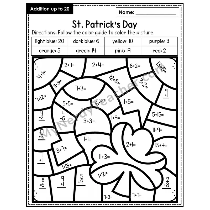 Addition to 20 Color by Number — St. Patrick's Day (Page 6)