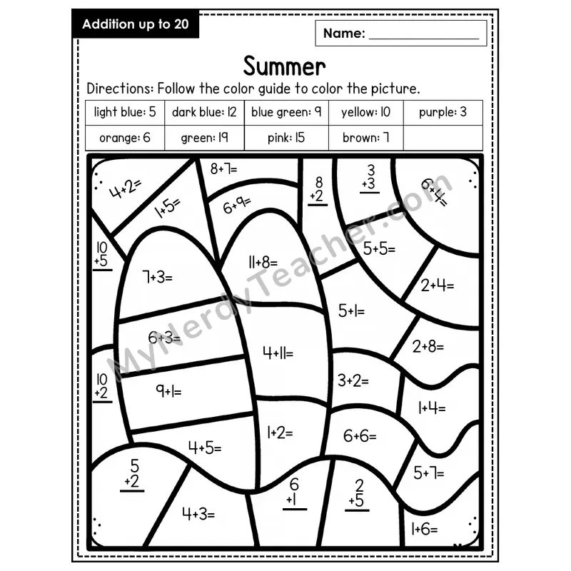Addition to 20 Color by Number — Summer (Page 1)