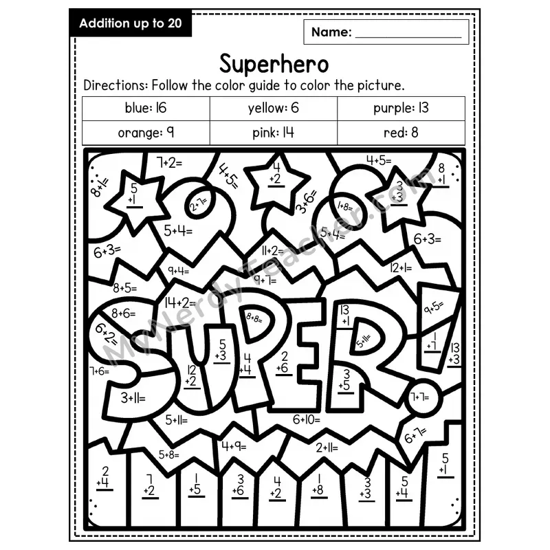 Addition to 20 Color by Number — Superhero (Page 1)