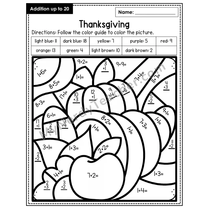 Addition to 20 Color by Number — Thanksgiving (Page 1)