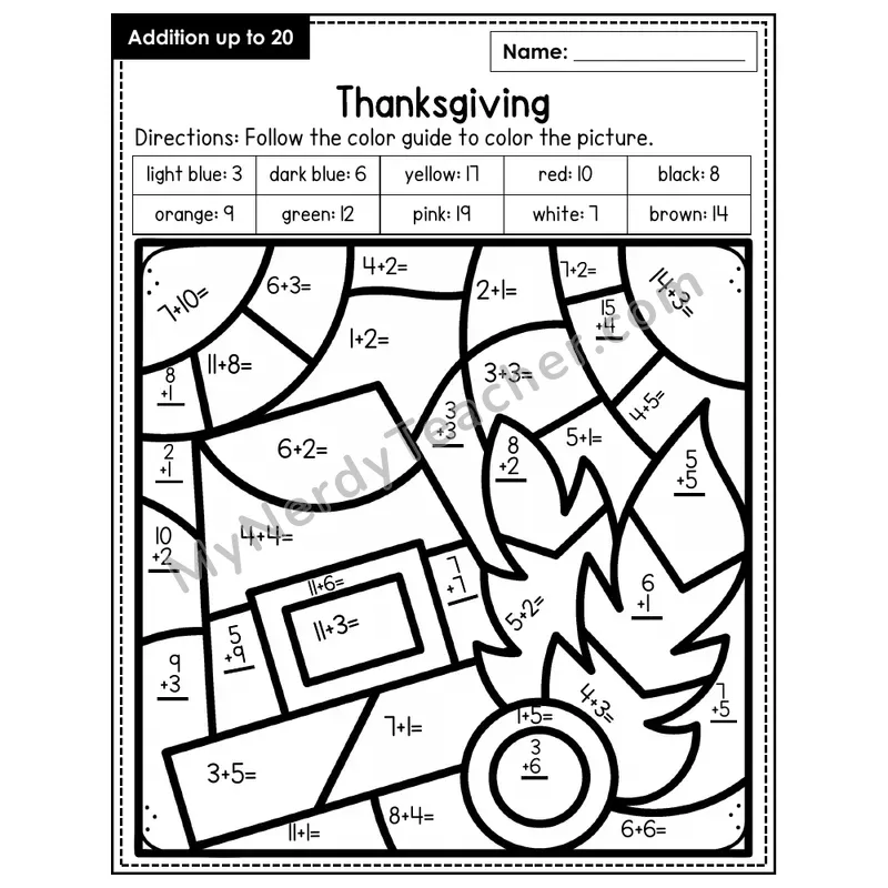 Addition to 20 Color by Number — Thanksgiving (Page 2)