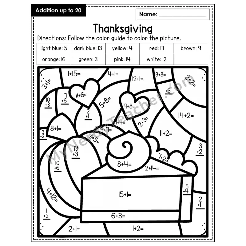 Addition to 20 Color by Number — Thanksgiving (Page 5)