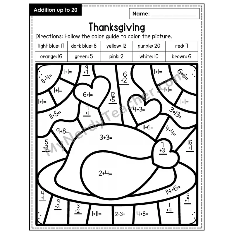 Addition to 20 Color by Number — Thanksgiving (Page 8)