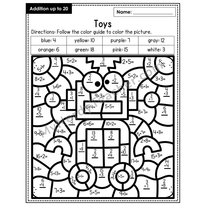 Addition to 20 Color by Number — Toys (Page 6)