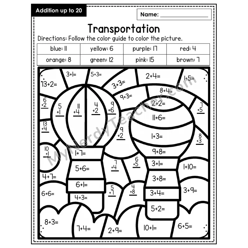 Addition to 20 Color by Number — Transportation (Page 4)