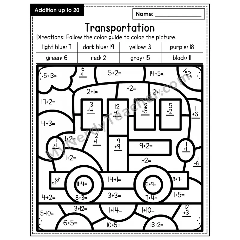Addition to 20 Color by Number — Transportation (Page 2)