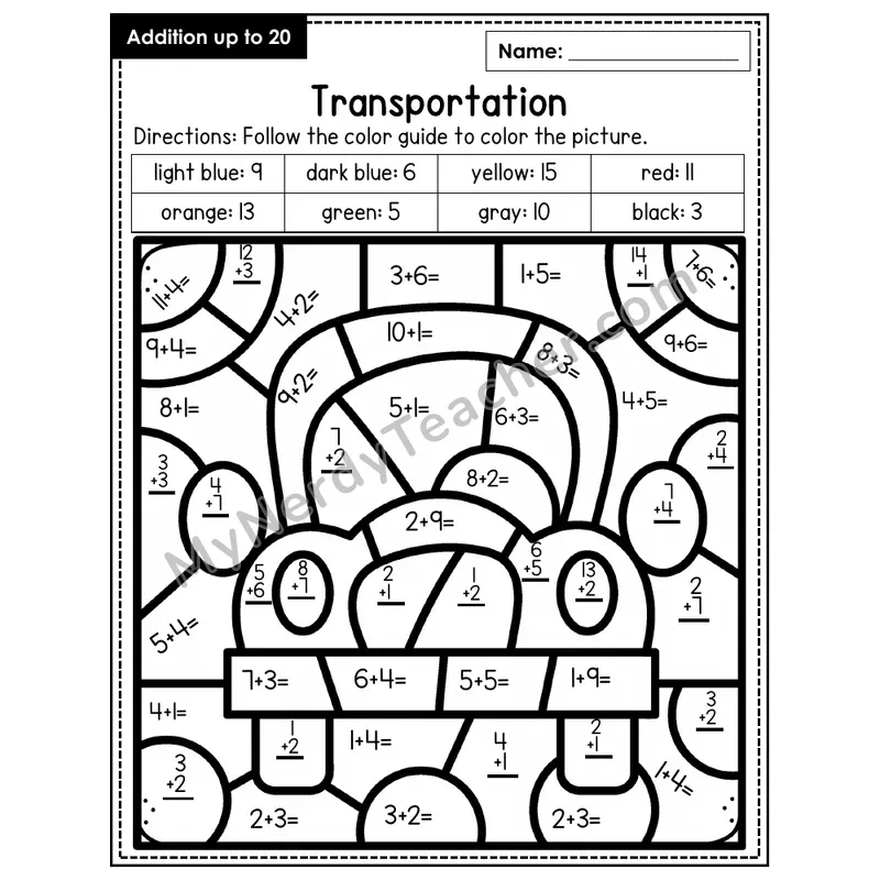Addition to 20 Color by Number — Transportation (Page 3)