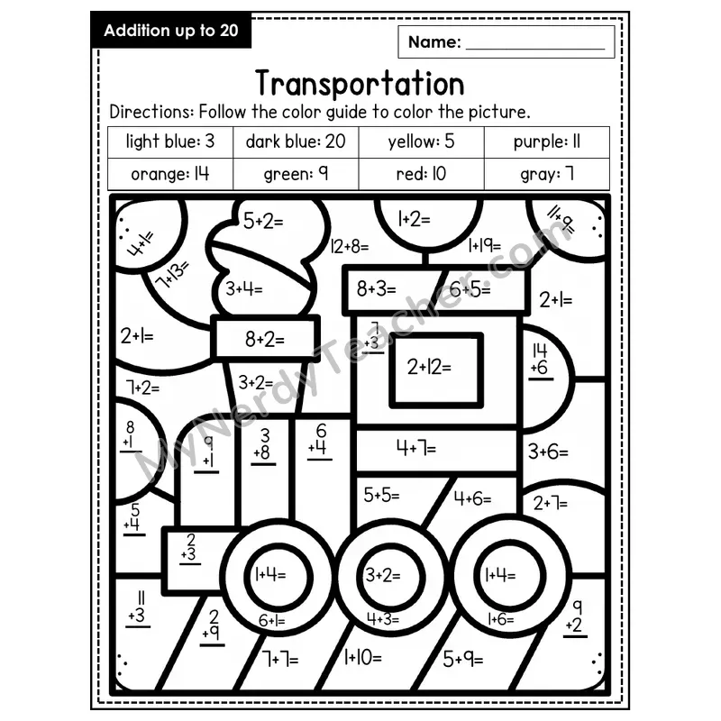 Addition to 20 Color by Number — Transportation (Page 7)