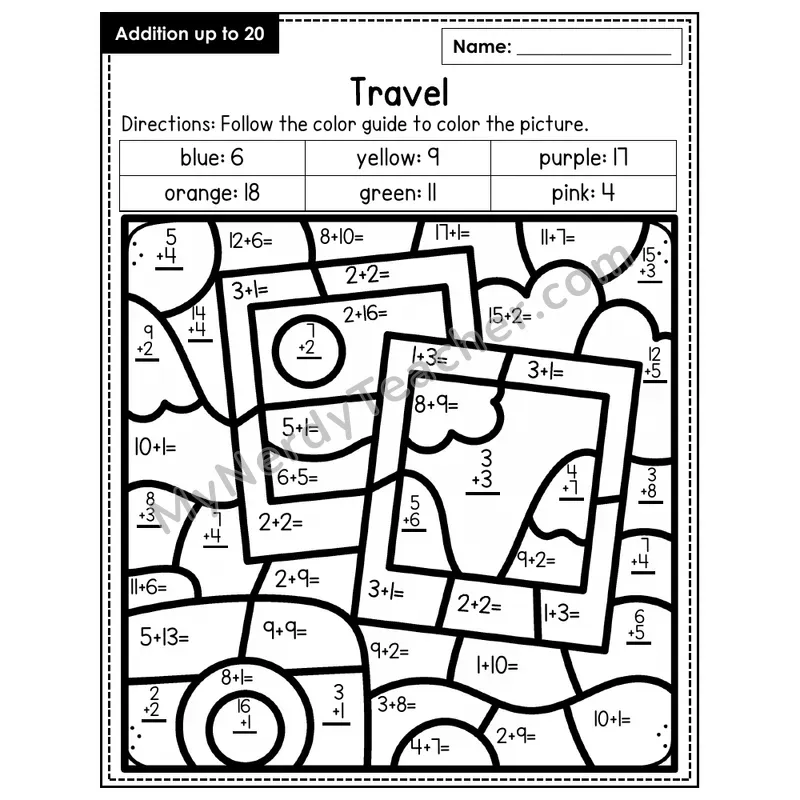 Addition to 20 Color by Number — Travel (Page 1)