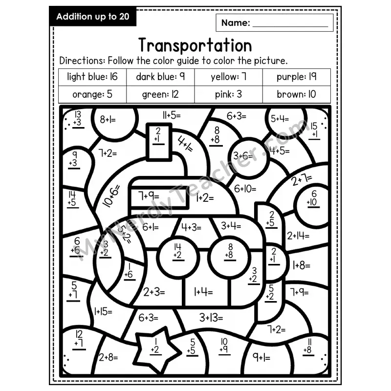 Addition to 20 Color by Number — Transportation (Page 6)