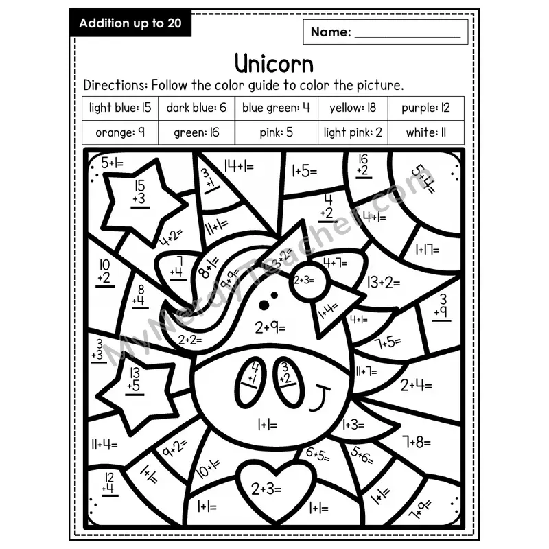 Addition to 20 Color by Number — Unicorn (Page 1)
