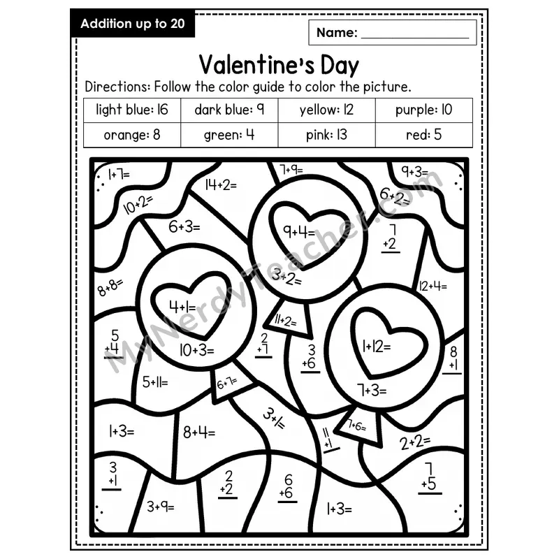 Addition to 20 Color by Number — Valentine's Day (Page 1)