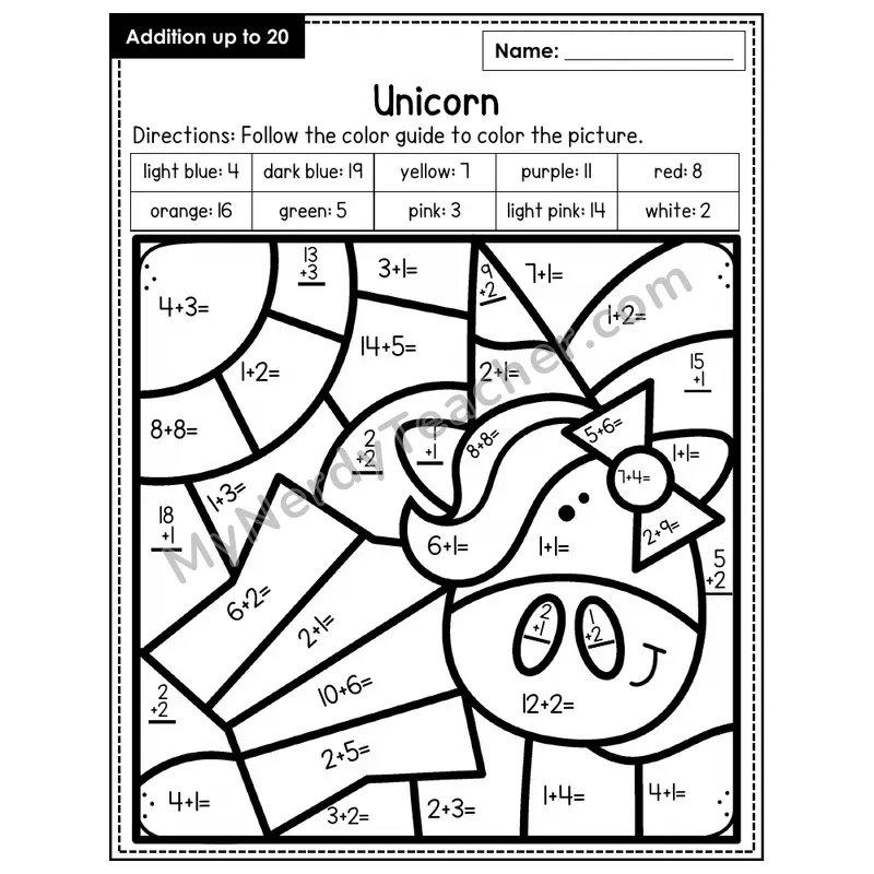 Addition to 20 Color by Number — Unicorn (Page 8)