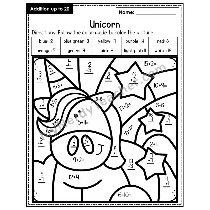 Addition to 20 Color by Number — Unicorn (Page 6)