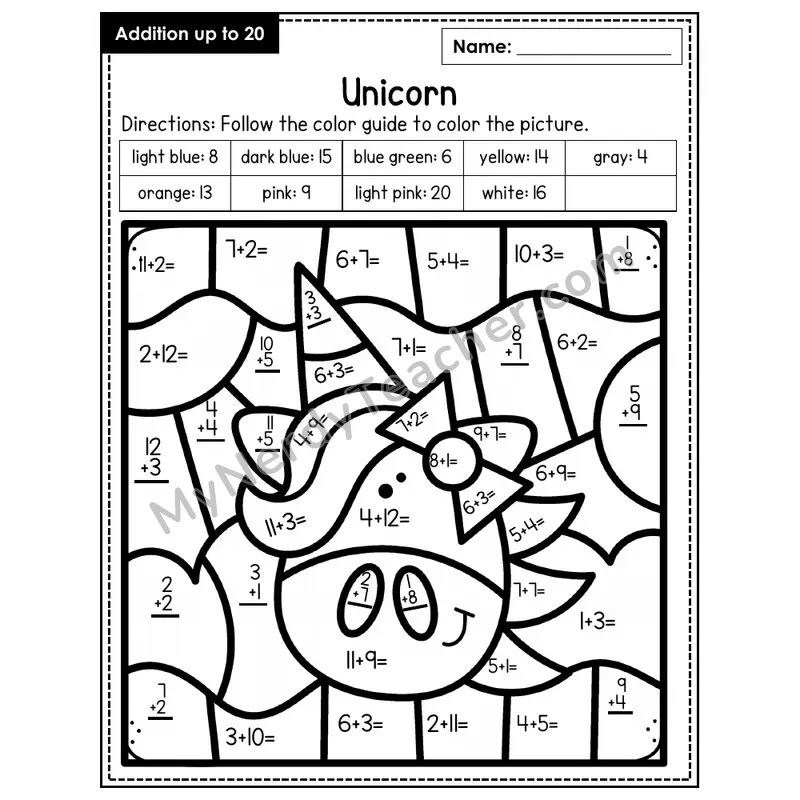 Addition to 20 Color by Number — Unicorn (Page 7)