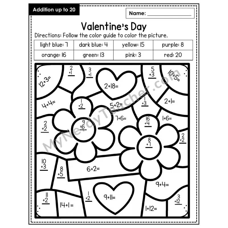 Addition to 20 Color by Number — Valentine's Day (Page 6)