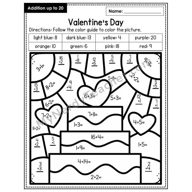 Addition to 20 Color by Number — Valentine's Day (Page 2)