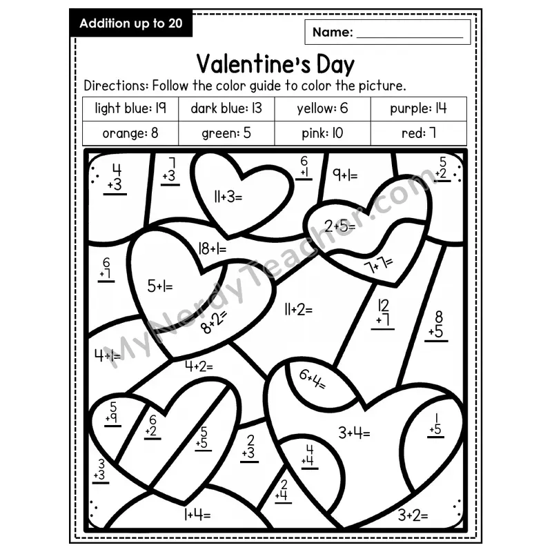 Addition to 20 Color by Number — Valentine's Day (Page 4)