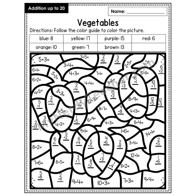 Addition to 20 Color by Number — Vegetables (Page 1)