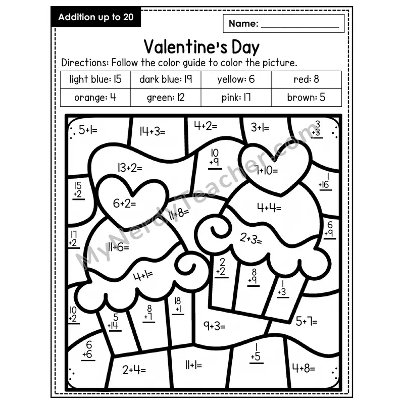 Addition to 20 Color by Number — Valentine's Day (Page 7)