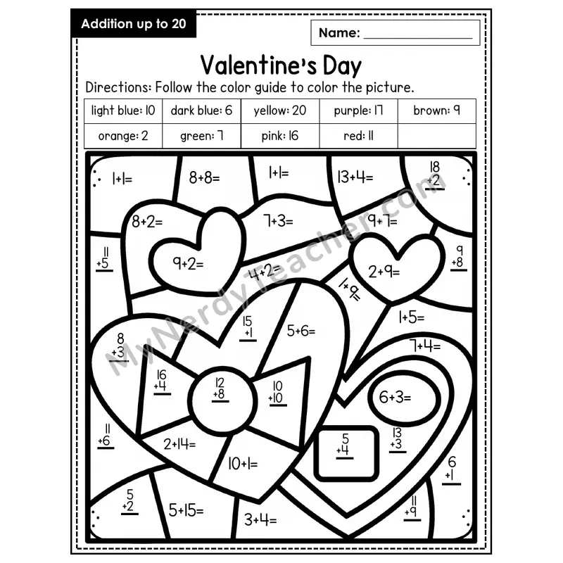 Addition to 20 Color by Number — Valentine's Day (Page 8)