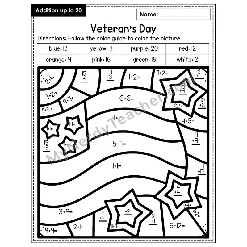 Addition to 20 Color by Number — Veteran's Day (Page 1)