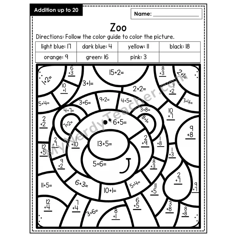 Addition to 20 Color by Number — Zoo (Page 4)