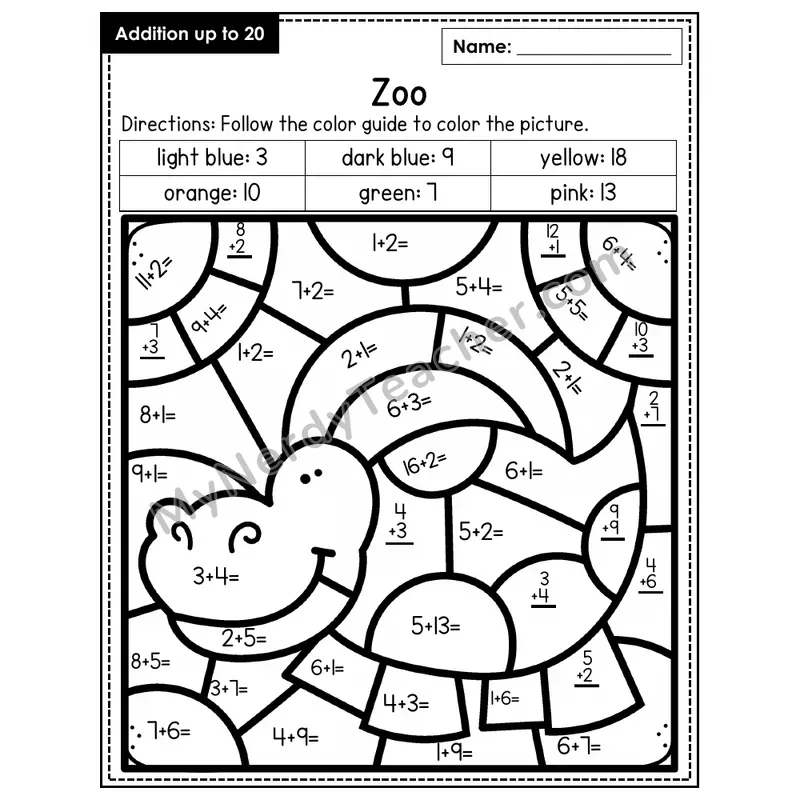 Addition to 20 Color by Number — Zoo (Page 1)