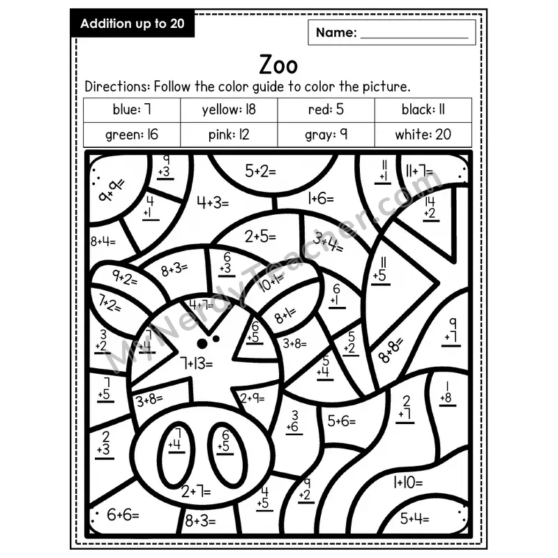 Addition to 20 Color by Number — Zoo (Page 2)