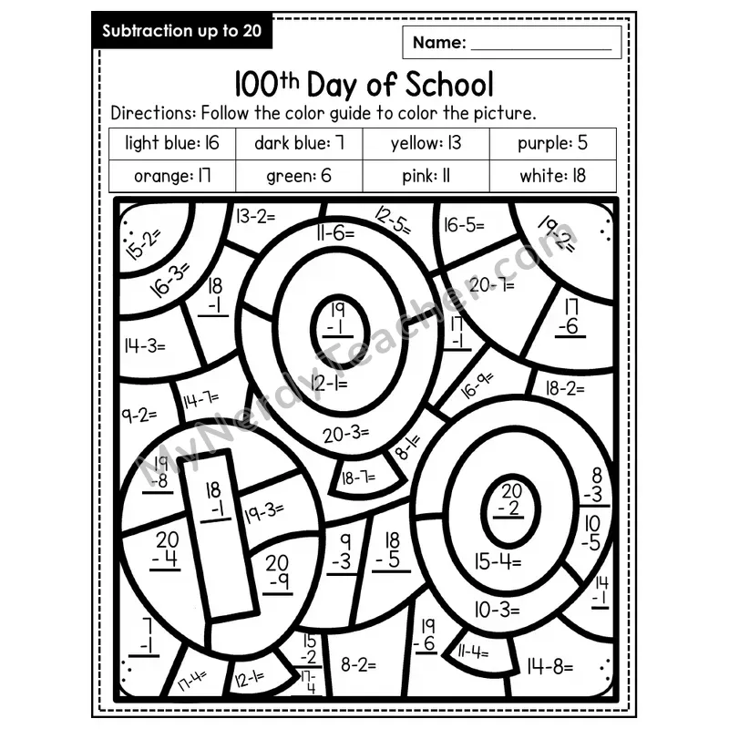 Subtraction to 20 Color by Number — 100th Day of School (Page 2)