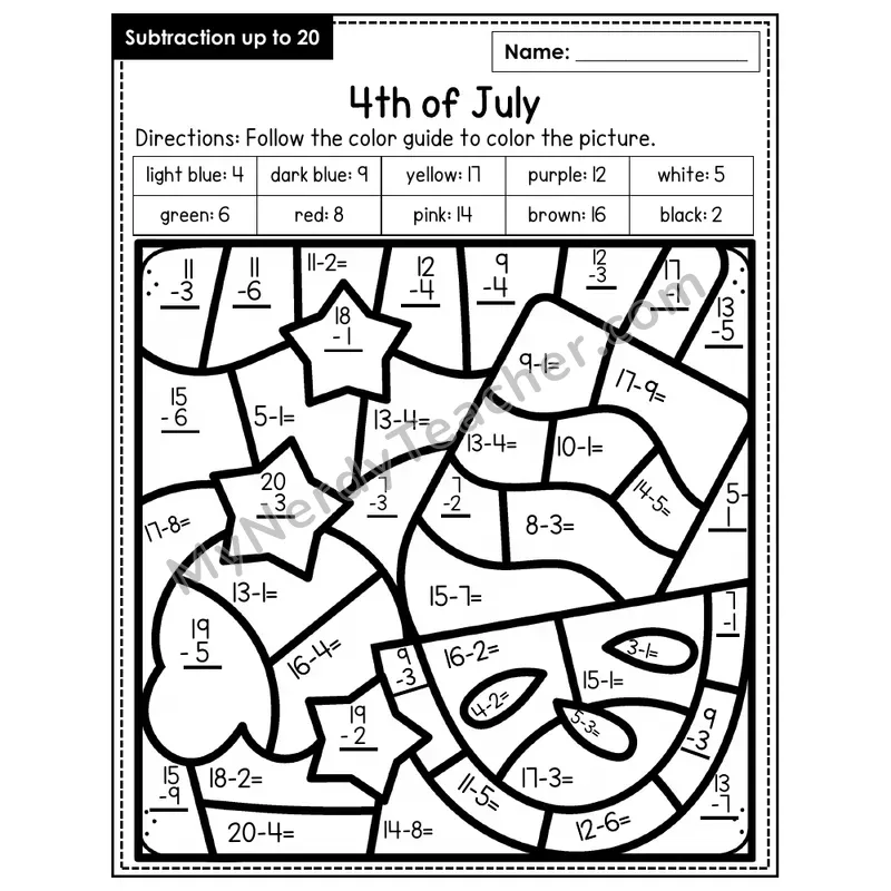 Subtraction to 20 Color by Number — 4th of July (Page 1)