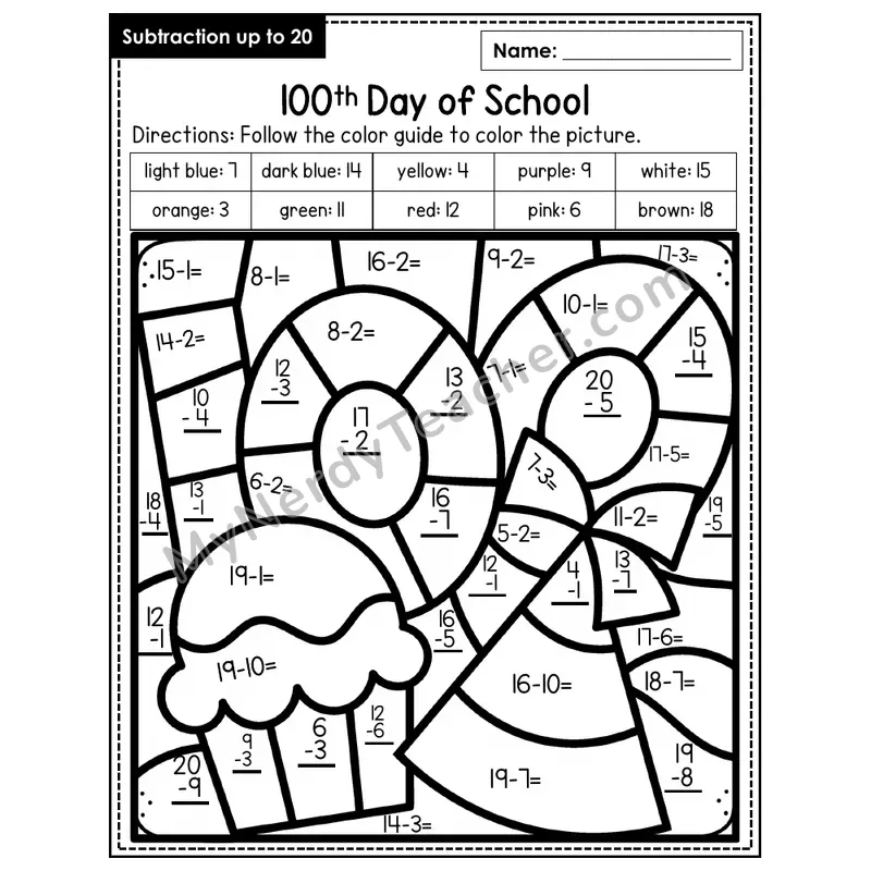 Subtraction to 20 Color by Number — 100th Day of School (Page 8)