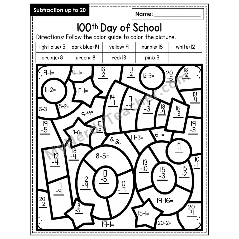 Subtraction to 20 Color by Number — 100th Day of School (Page 6)