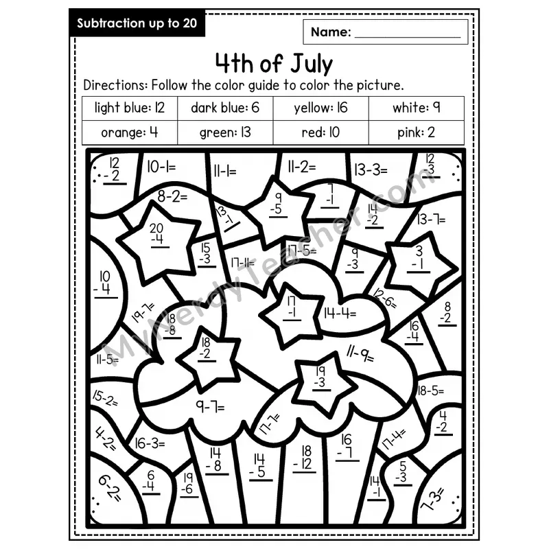 Subtraction to 20 Color by Number — 4th of July (Page 3)