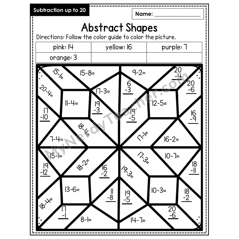 Subtraction to 20 Color by Number — Abstract Shapes (Page 5)
