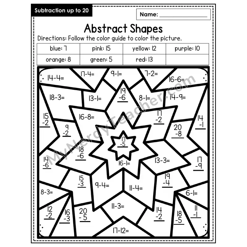 Subtraction to 20 Color by Number — Abstract Shapes (Page 1)