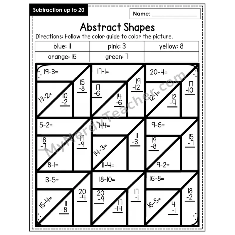 Subtraction to 20 Color by Number — Abstract Shapes (Page 7)