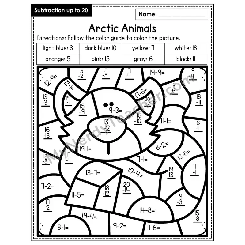 Subtraction to 20 Color by Number — Arctic Animals (Page 1)