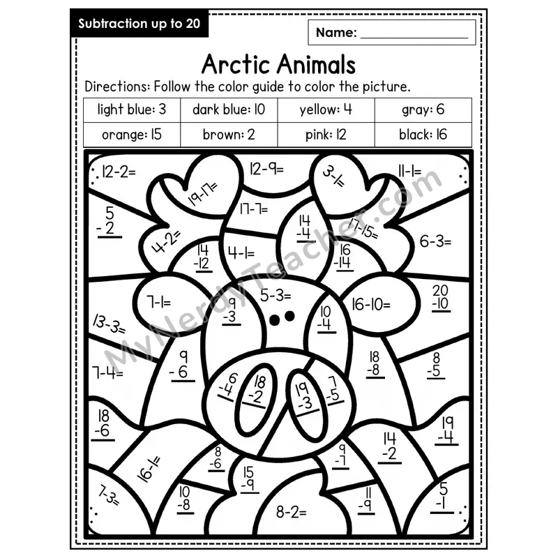 Subtraction to 20 Color by Number — Arctic Animals (Page 4)