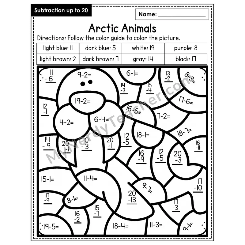 Subtraction to 20 Color by Number — Arctic Animals (Page 3)