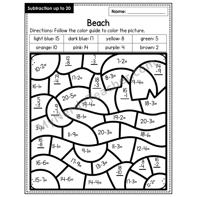 Subtraction to 20 Color by Number — Beach (Page 3)