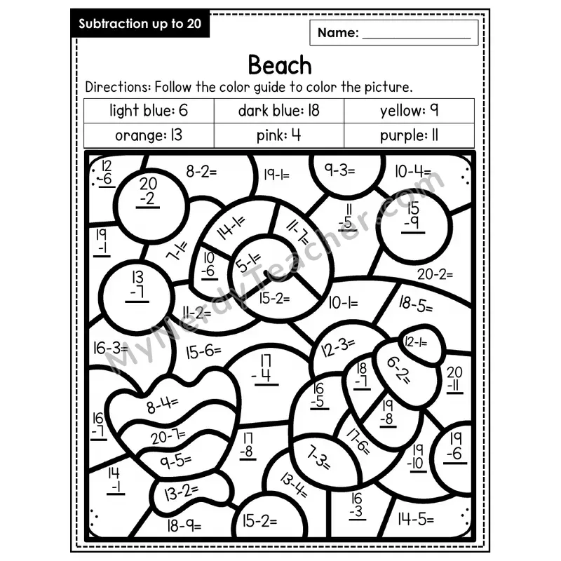 Subtraction to 20 Color by Number — Beach (Page 1)