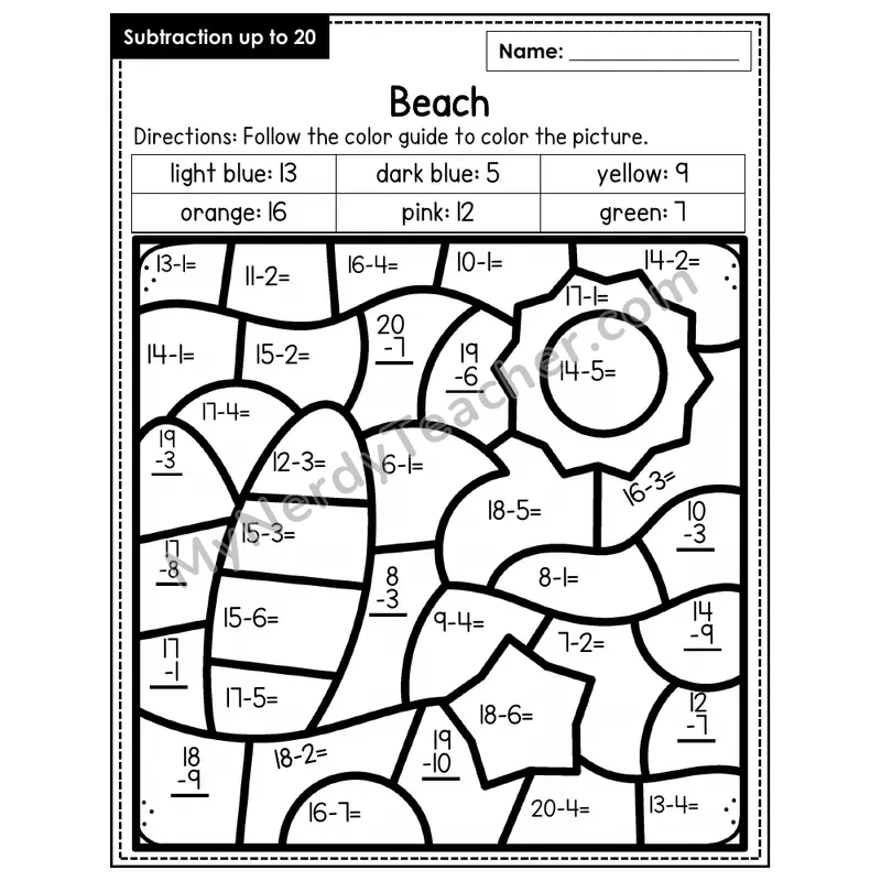 Subtraction to 20 Color by Number — Beach (Page 8)