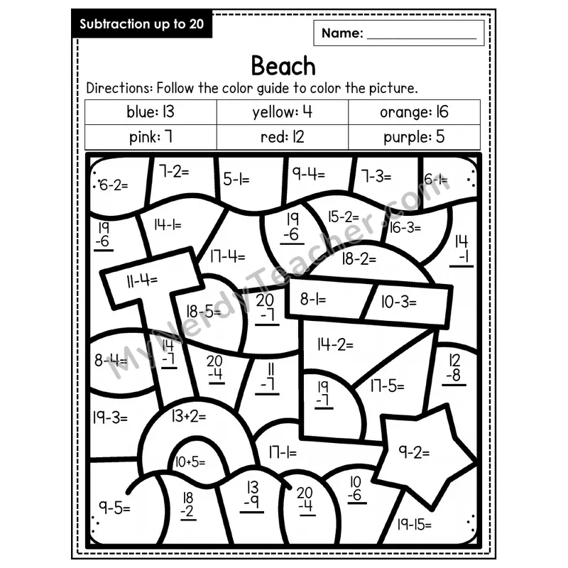 Subtraction to 20 Color by Number — Beach (Page 5)