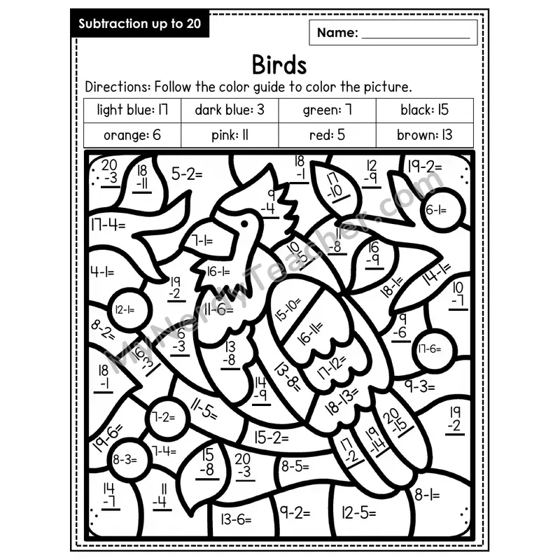 Subtraction to 20 Color by Number — Birds (Page 1)