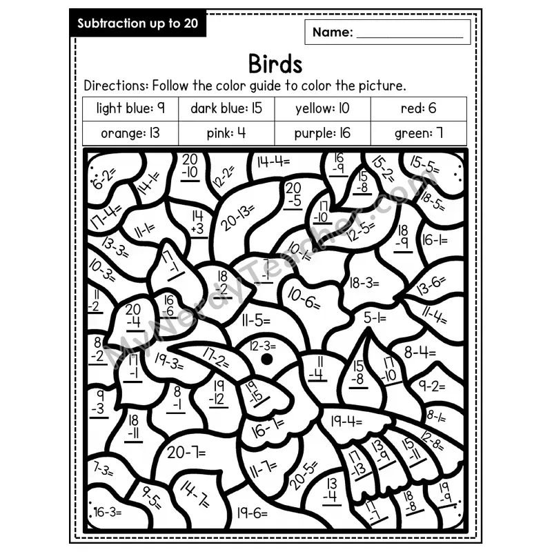 Subtraction to 20 Color by Number — Birds (Page 6)